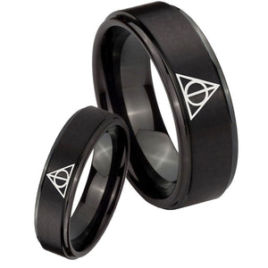 His Hers Deathly Hallows Step Edges Brush Black Tungsten Wedding Band Mens Set