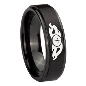 10mm Flamed Cross Step Edges Brush Black Tungsten Carbide Bands Ring