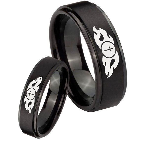 His Hers Flamed Cross Step Edges Brush Black Tungsten Wedding Band Ring Set