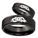 His Hers Flamed Cross Step Edges Brush Black Tungsten Wedding Band Ring Set