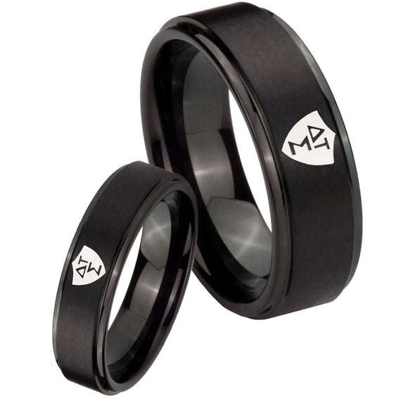 His Hers Greek CTR Step Edges Brush Black Tungsten Wedding Engagement Ring Set