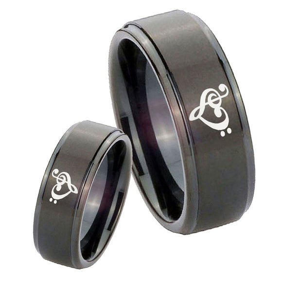 Bride and Groom Music & Heart Step Edges Brush Black Tungsten Bands Ring Set