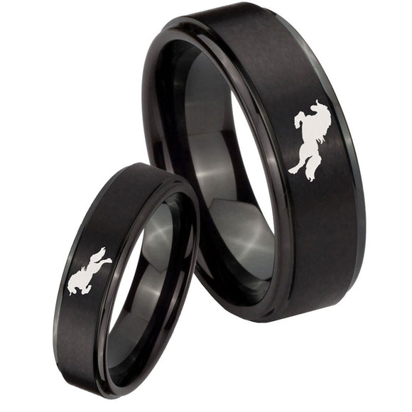 Bride and Groom Horse Step Edges Brush Black Tungsten Anniversary Ring Set