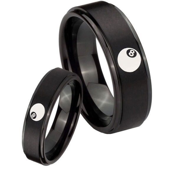 Bride and Groom 8 Ball Step Edges Brush Black Tungsten Custom Mens Ring Set