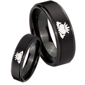 His Hers Claddagh Design Step Edges Brush Black Tungsten Custom Ring for Men Set