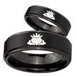 His Hers Claddagh Design Step Edges Brush Black Tungsten Custom Ring for Men Set