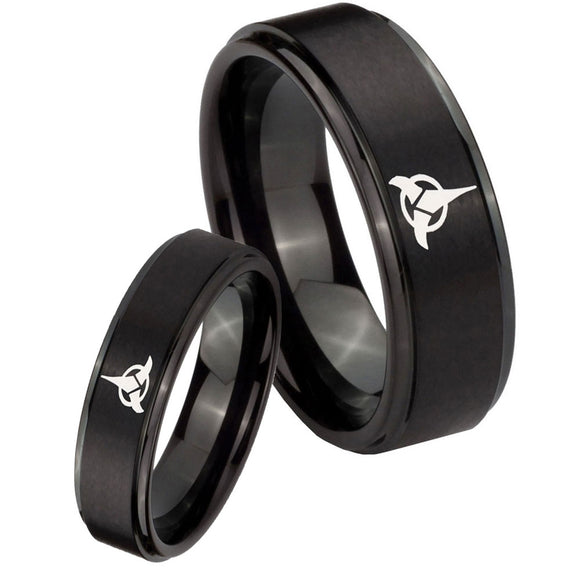 Bride and Groom Klingon Step Edges Brush Black Tungsten Mens Bands Ring Set