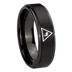 10mm Masonic Yod Step Edges Brush Black Tungsten Carbide Mens Ring Engraved