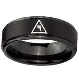 10mm Masonic Yod Step Edges Brush Black Tungsten Carbide Mens Ring Engraved