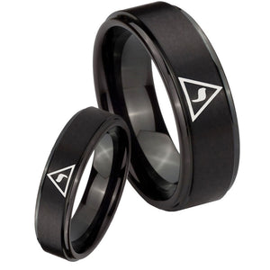 His Hers Masonic Yod Step Edges Brush Black Tungsten Men's Engagement Ring Set