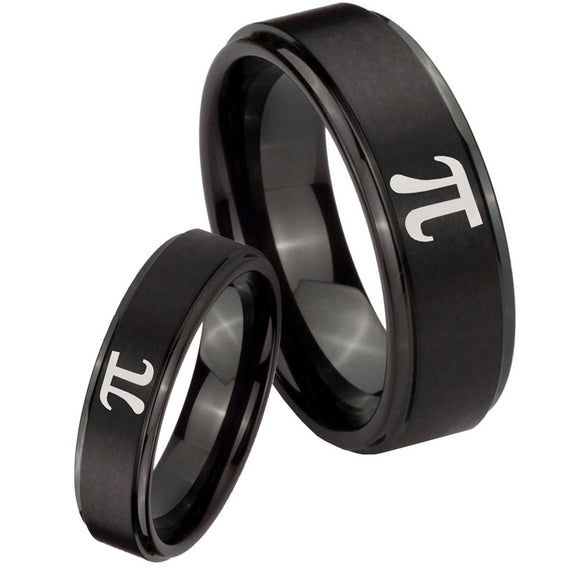 Bride and Groom Math Pi Step Edges Brush Black Tungsten Mens Promise Ring Set