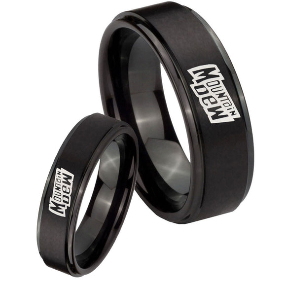 Bride and Groom Mountain Dew Step Edges Brush Black Tungsten Men's Ring Set