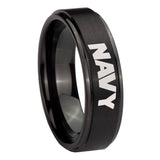 10mm Navy Step Edges Brush Black Tungsten Carbide Personalized Ring