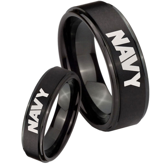 His and Hers Navy Step Edges Brush Black Tungsten Mens Ring Personalized Set