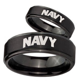 His and Hers Navy Step Edges Brush Black Tungsten Mens Ring Personalized Set