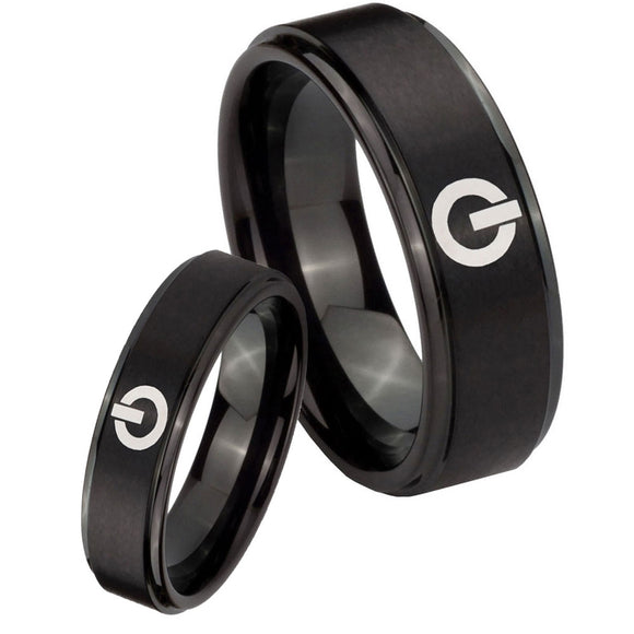 Bride and Groom Power Step Edges Brush Black Tungsten Men's Wedding Band Set