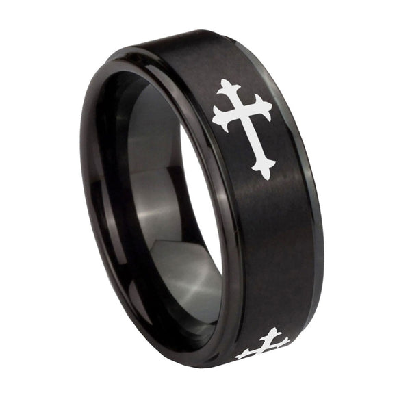 10mm Christian Cross Religious Step Edges Brush Black Tungsten Men's Promise Rings