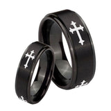 His Hers Christian Cross Religious Step Edges Brush Black Tungsten Mens Wedding Ring Set