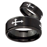 His Hers Christian Cross Religious Step Edges Brush Black Tungsten Mens Wedding Ring Set