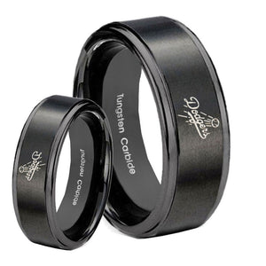 His Hers LA Dogers MLB Baseball Step Edges Brush Black Tungsten Promise Ring Set