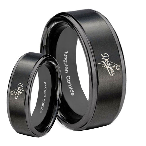 His Hers LA Dogers MLB Baseball Step Edges Brush Black Tungsten Promise Ring Set