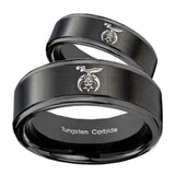 His Hers Masonic Shriners Step Edges Brush Black Tungsten Wedding Band Mens Set