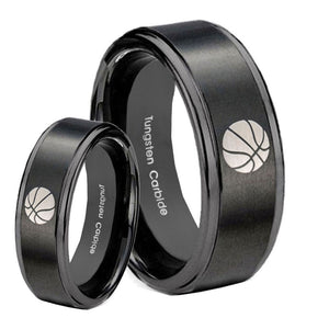 His Hers Basketball Step Edges Brush Black Tungsten Wedding Bands Ring Set