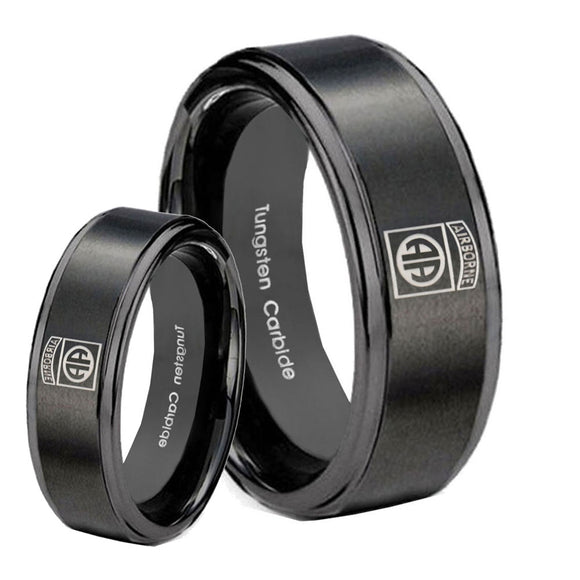 His Hers Army Airborn Step Edges Brush Black Tungsten Wedding Ring Set