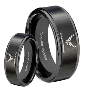 His Hers Step Edge US Air Force Black Tungsten Carbide Wedding Rings Set