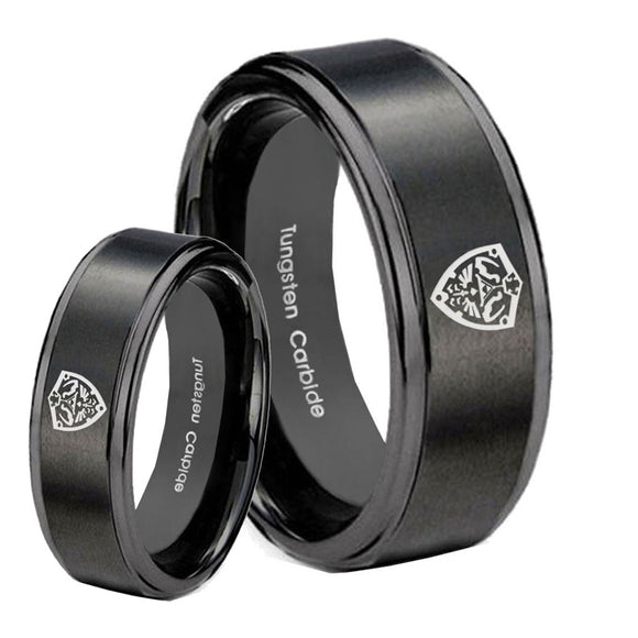 His Hers Zelda Hylian Shield Step Edges Brush Black Tungsten Engagement Ring Set