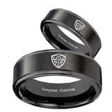 His Hers Zelda Hylian Shield Step Edges Brush Black Tungsten Engagement Ring Set