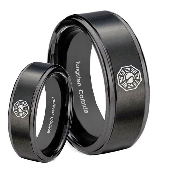 Bride and Groom Lost Dharma Step Edges Brush Black Tungsten Engraved Ring Set