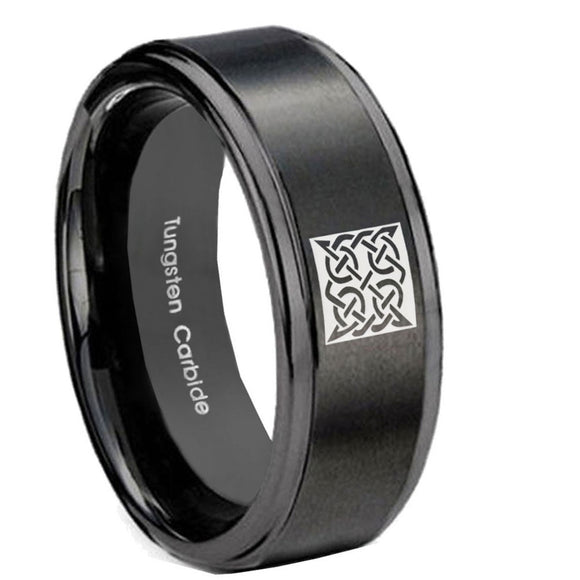 10mm Celtic Design Step Edges Brush Black Tungsten Carbide Anniversary Ring
