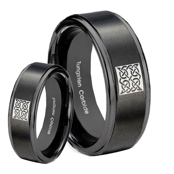 His Hers Celtic Design Step Edges Brush Black Tungsten Men's Band Ring Set