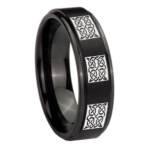 10mm Multiple Celtic Step Edges Brush Black Tungsten Carbide Bands Ring