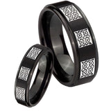 His Hers Multiple Celtic Step Edges Brush Black Tungsten Mens Bands Ring Set