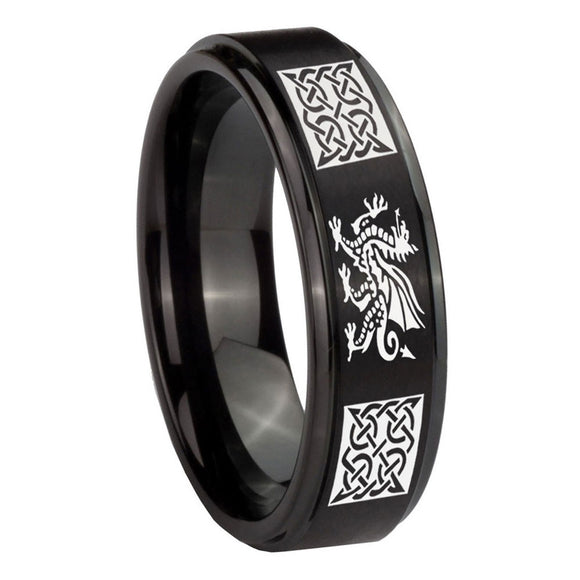 10mm Multiple Dragon Celtic Step Edges Brush Black Tungsten Anniversary Ring