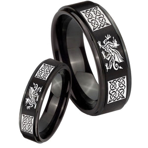 His Hers Multiple Dragon Celtic Step Edges Brush Black Tungsten Rings Set