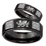 His Hers Multiple Dragon Celtic Step Edges Brush Black Tungsten Rings Set