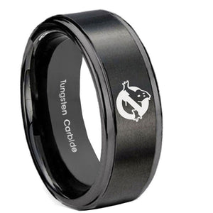 10mm Ghostbusters Step Edges Brush Black Tungsten Carbide Custom Ring for Men