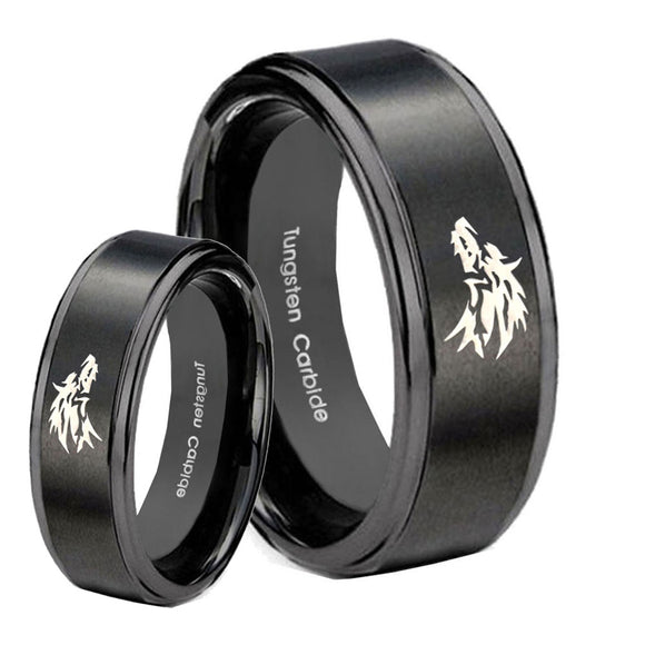 His and Hers Wolf Step Edges Brush Black Tungsten Men's Engagement Band Set