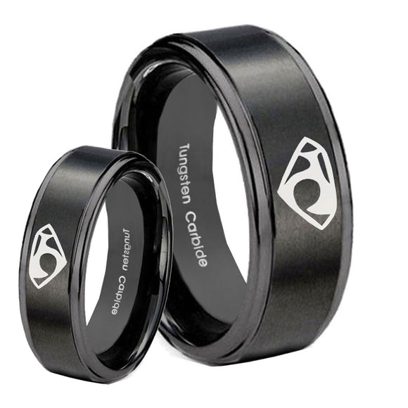 His Hers House of Van Step Edges Brush Black Tungsten Men's Engagement Ring Set