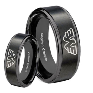 His Hers Waylon Jennings Step Edges Brush Black Tungsten Mens Promise Ring Set