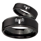 Bride and Groom Spider Step Edges Brush Black Tungsten Wedding Band Ring Set