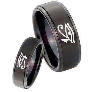 His Hers Seeing Eye Step Edges Brush Black Tungsten Men's Engagement Band Set