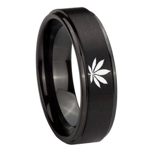 10mm Marijuana Leaf Step Edges Brush Black Tungsten Carbide Men's Ring