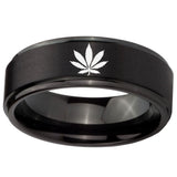 10mm Marijuana Leaf Step Edges Brush Black Tungsten Carbide Men's Ring