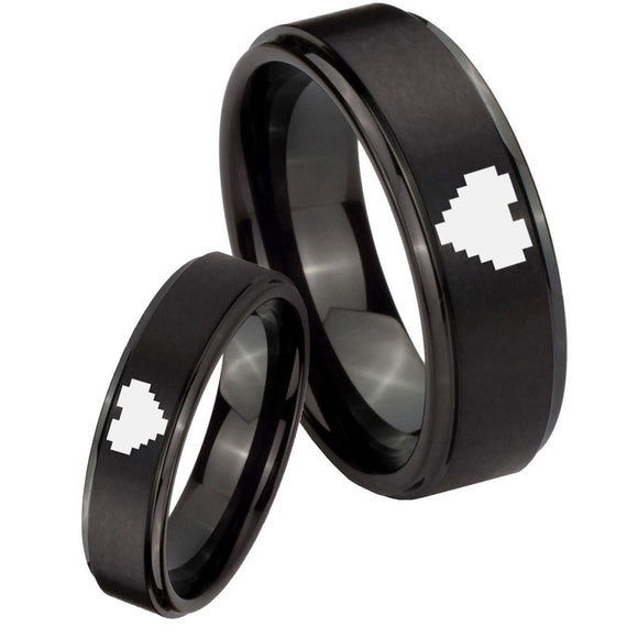 His Hers Step Edge Zelda Heart Black Tungsten Carbide Wedding Rings Set