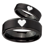 His Hers Step Edge Zelda Heart Black Tungsten Carbide Wedding Rings Set