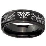 10mm Celtic Zelda Step Edges Brush Black Tungsten Carbide Mens Ring Engraved